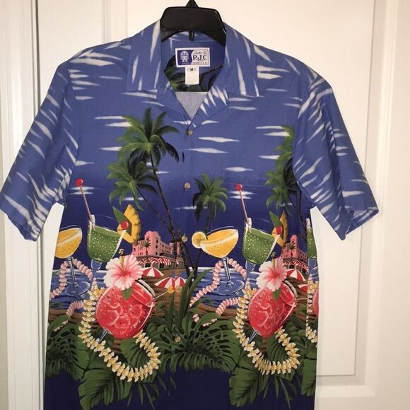 Vintage RJC Pink Hotel Drinks Art Deco Hawaii style Aloha Hawaiian party shirt-M - Picture 1 of 4